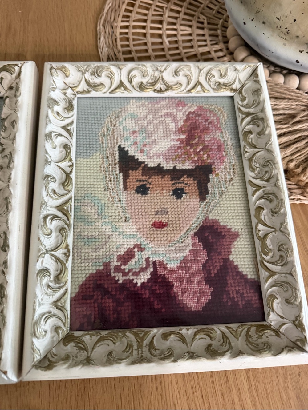 2 Vtg French Huldah Lady Needlepoint Framed Pictures Hats Women